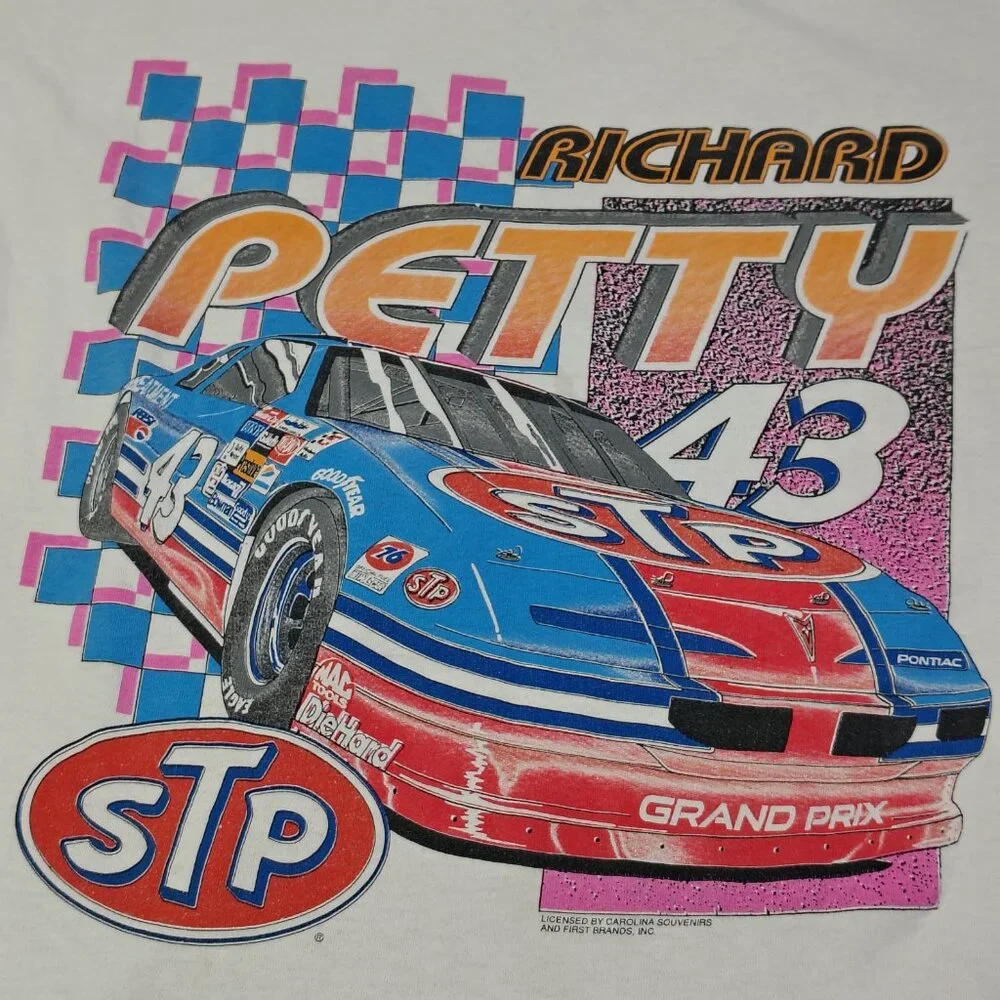 VINTAGE Richard Petty NASCAR T-Shirt White Logo 7 Big Graphic Retro - Picture 2 of 13